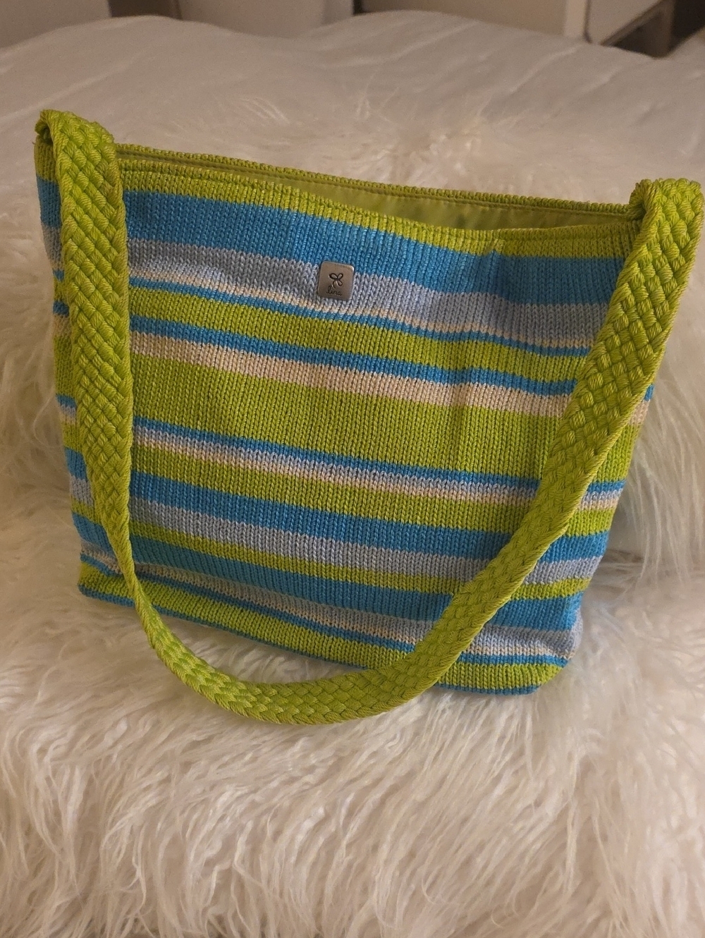Lina Striped Knit Tote in Lime Green, Blue & White 12 × 9 Inches 3 Inches Width